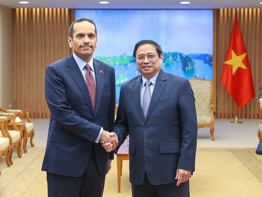Thủ tướng Chính phủ Phạm Minh Chính và Phó Thủ tướng, Bộ trưởng Ngoại giao Qatar Sheikh Mohammed bin Abdulrahman Al-Thani - Ảnh: VGP/Nhật Bắc