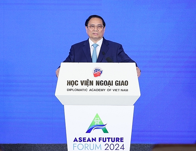Thủ tướng Chính phủ Phạm Minh Chính phát biểu tại phiên khai mạc Diễn đàn Tương lai ASEAN 2024 - Ảnh: VGP/Nhật Bắc